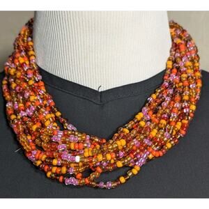 Vintage Statement Multi Strand Glass Bead Orange Coral Handmade Necklace